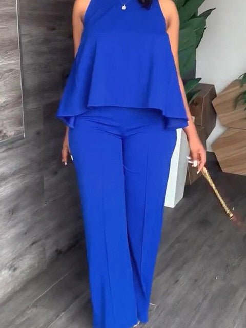 Plus Size Casual Outfits Two Piece Set, Women's Plus Solid Round Neck Tank Top & Pants Outfits 2 Piece Set - Polished 24/7