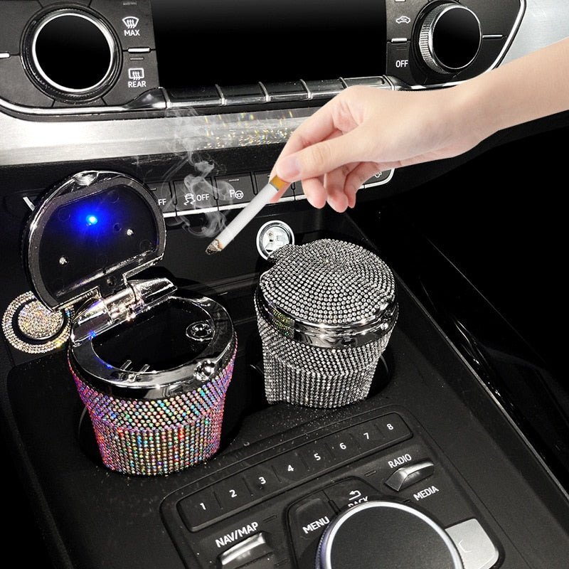 Portable Bling Car Ashtray w/ Blue LED Light Indicator - Polished 24/7