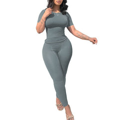 Ribbed Casual 2 Piece Summer Shorts Set Sleeve Top+Elastic Leggings Outfits - Polished 24/7