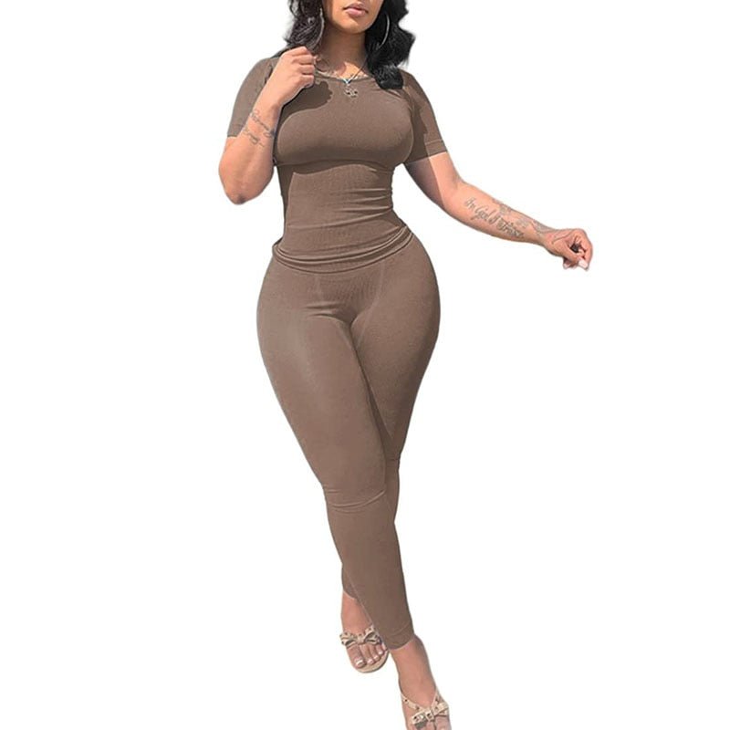 Ribbed Casual 2 Piece Summer Shorts Set Sleeve Top+Elastic Leggings Outfits - Polished 24/7