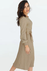 Round Neck Long Sleeve Pleated Sweater Dress - Polished 24/7
