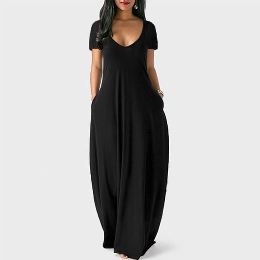 S-5XL Women Casual Dresses Ladies Fashion Loose Sexy V-Neck Fall Clothes Casual Maxi Solid Color Plus Size Long Dress - Polished 24/7