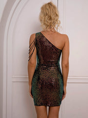 Sequin Rhinestone Chain Detail One-Shoulder Bodycon Dress - Polished 24/7
