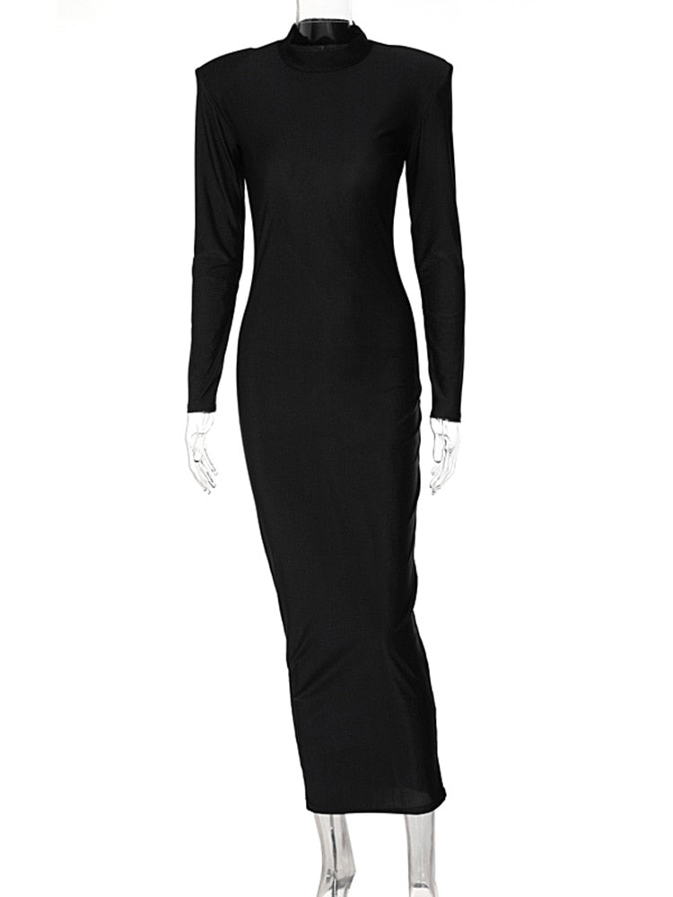 Solid Long Sleeve With Shoulder Pads Turtleneck Maxi Dress - Polished 24/7