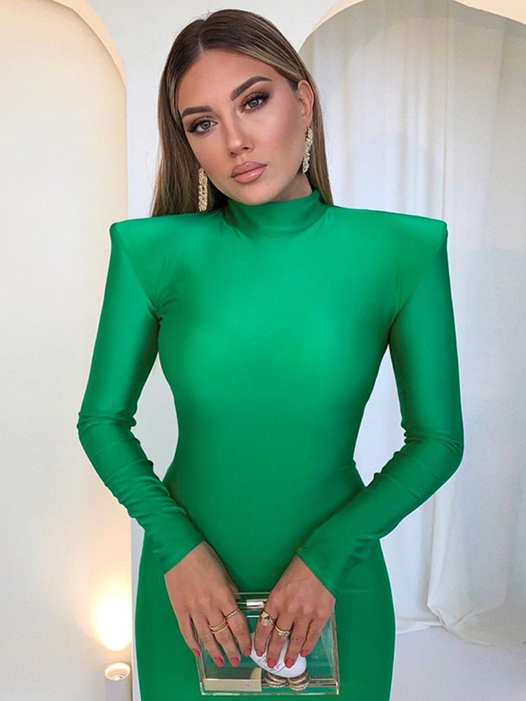 Solid Long Sleeve With Shoulder Pads Turtleneck Maxi Dress - Polished 24/7