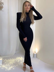 Solid Long Sleeve With Shoulder Pads Turtleneck Maxi Dress - Polished 24/7