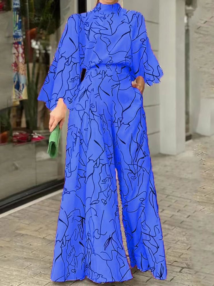 Summer European and American Women's Dress Elegant Waist Tie up Long Sleeve Hanging Neck Pants Print Jumpsuits - Polished 24/7