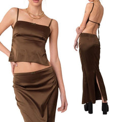 Two Piece Skirt Set Women's Suit y2k Clothes Summer 2023 Sexy Outfit Cropped Top and Split Skirt Chic Elegant Female Clothing - Polished 24/7