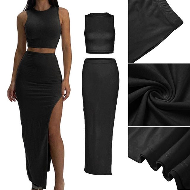 Two Piece Skirt Set Women's Suit y2k Clothes Summer 2023 Sexy Outfit Cropped Top and Split Skirt Chic Elegant Female Clothing - Polished 24/7