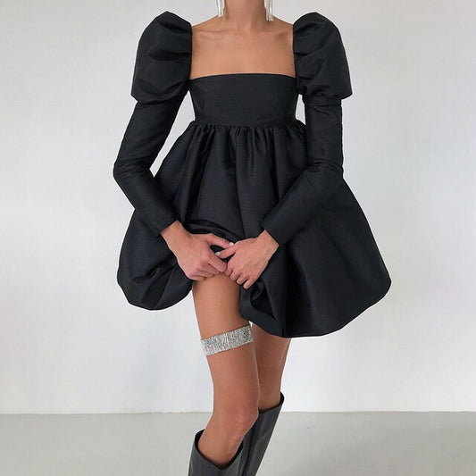 Women's Off Shoulder Flounce Puffy Sleeve High Waist Ruffles Mini Dress Bohemian style Prom A-Line Dress