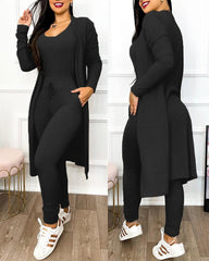 Two Piece Set Women Outfit 2023 Spring Fashion Drawstring Pocket Design U-Neck Sleeveless Skinny Jumpsuit & Long Sleeve Coat Set