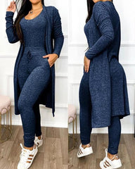 Two Piece Set Women Outfit 2023 Spring Fashion Drawstring Pocket Design U-Neck Sleeveless Skinny Jumpsuit & Long Sleeve Coat Set