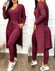 Two Piece Set Women Outfit 2023 Spring Fashion Drawstring Pocket Design U-Neck Sleeveless Skinny Jumpsuit & Long Sleeve Coat Set