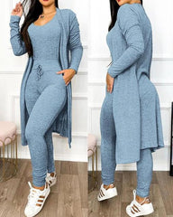 Two Piece Set Women Outfit 2023 Spring Fashion Drawstring Pocket Design U-Neck Sleeveless Skinny Jumpsuit & Long Sleeve Coat Set