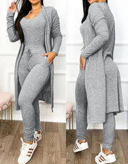 Two Piece Set Women Outfit 2023 Spring Fashion Drawstring Pocket Design U-Neck Sleeveless Skinny Jumpsuit & Long Sleeve Coat Set