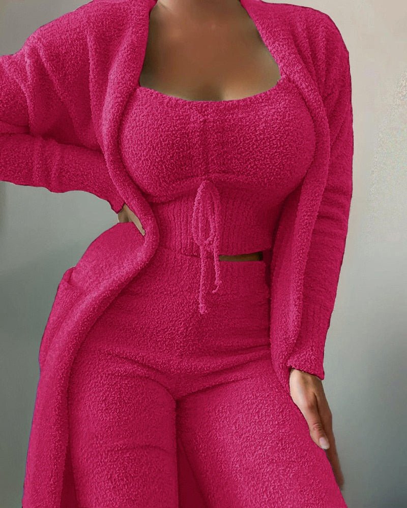 Velvet 3-piece Pajamas Set Crop Top+Long Pants+Coat - Polished 24/7