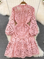Vintage Hollow out Lace Floral Embroidery Dress For Women Spring Stand collar Puff Sleeve High Waist Mermaid Short Lace Dress - Polished 24/7