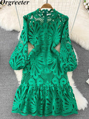 Vintage Hollow out Lace Floral Embroidery Dress For Women Spring Stand collar Puff Sleeve High Waist Mermaid Short Lace Dress - Polished 24/7