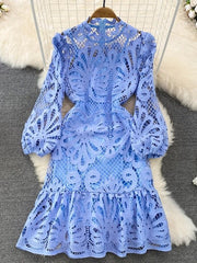 Vintage Hollow out Lace Floral Embroidery Dress For Women Spring Stand collar Puff Sleeve High Waist Mermaid Short Lace Dress - Polished 24/7