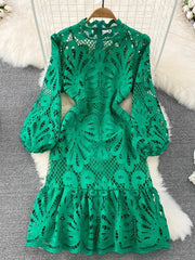 Vintage Hollow out Lace Floral Embroidery Dress For Women Spring Stand collar Puff Sleeve High Waist Mermaid Short Lace Dress - Polished 24/7