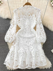 Vintage Hollow out Lace Floral Embroidery Dress For Women Spring Stand collar Puff Sleeve High Waist Mermaid Short Lace Dress - Polished 24/7