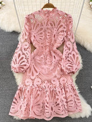 Vintage Hollow out Lace Floral Embroidery Dress For Women Spring Stand collar Puff Sleeve High Waist Mermaid Short Lace Dress - Polished 24/7