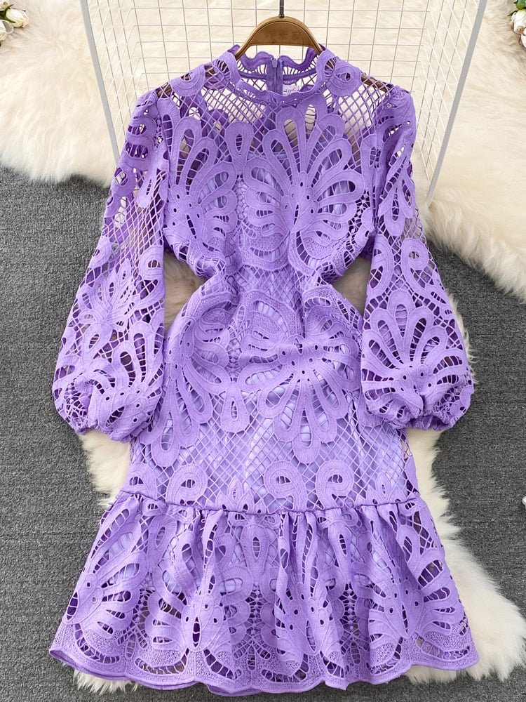 Vintage Hollow out Lace Floral Embroidery Dress For Women Spring Stand collar Puff Sleeve High Waist Mermaid Short Lace Dress - Polished 24/7