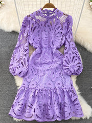 Vintage Hollow out Lace Floral Embroidery Dress For Women Spring Stand collar Puff Sleeve High Waist Mermaid Short Lace Dress - Polished 24/7