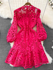 Vintage Hollow out Lace Floral Embroidery Dress For Women Spring Stand collar Puff Sleeve High Waist Mermaid Short Lace Dress - Polished 24/7