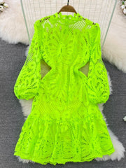 Vintage Hollow out Lace Floral Embroidery Dress For Women Spring Stand collar Puff Sleeve High Waist Mermaid Short Lace Dress - Polished 24/7