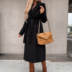 Warm Long Woolen Coat with Belt - Polished 24/7