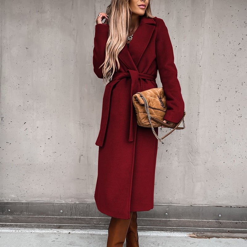 Warm Long Woolen Coat with Belt - Polished 24/7