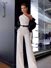 White One shoulder Jumpsuits Women Sexy Backless Sleeveless Wide Leg Pants Jumpsuit 2023 Ladies Casual Lace Up Streetwear Romper - Polished 24/7