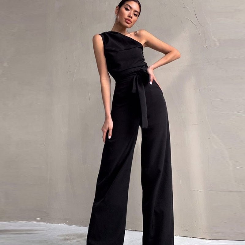 White One shoulder Jumpsuits Women Sexy Backless Sleeveless Wide Leg Pants Jumpsuit 2023 Ladies Casual Lace Up Streetwear Romper - Polished 24/7