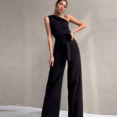 White One shoulder Jumpsuits Women Sexy Backless Sleeveless Wide Leg Pants Jumpsuit 2023 Ladies Casual Lace Up Streetwear Romper - Polished 24/7