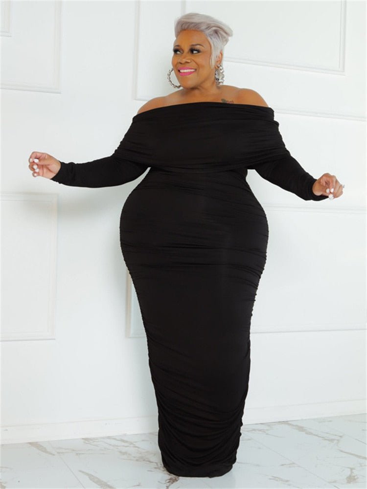 Wmstar Plus Size Dresses Women Solid Off Shoulder Long Sleeve Draped Bodycon Stretch Elegant Maxi Dress Wholesale Dropshipping - Polished 24/7