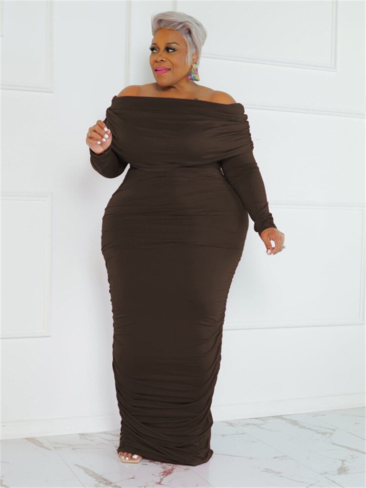 Wmstar Plus Size Dresses Women Solid Off Shoulder Long Sleeve Draped Bodycon Stretch Elegant Maxi Dress Wholesale Dropshipping - Polished 24/7